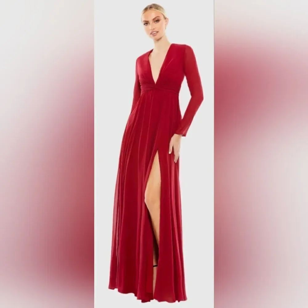Mac Duggal 55680 V-Neck Front Twist Long Sleeve Gown NWOT size 18 Bordeaux Red